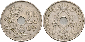 Бельгия 25 сантимов 1921 BELGIE KM 69 медно-никель 4143-551