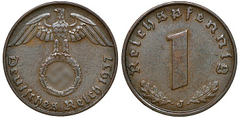 ГЕРМАНИЯ 1 РЕЙХСПФЕННИГ 1937 J J 361, KM 89 бронза 72-1622