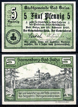 Бад-Зульца (Тюрингия) 5 пфеннигов 1920 Mehl Grabowski S129.5a бумага UNC (пресс) 7556-64-1-2