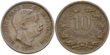 Люксембург 10 сантимов 1901 Адольф (1890-1905) KM 25 медно-никель 4602-428