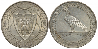 Германия 5 марок 1930 A, освобождение Рейнланда J. 346, KM 71 серебро aUNC 00-804-04