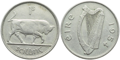 ИРЛАНДИЯ 1 ШИЛЛИНГ 1954 БЫК KM 14а медно-никель 4395-342