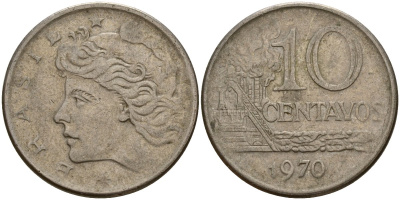 Бразилия 10 сентаво 1970 KM 578 медно-никель 4156-456