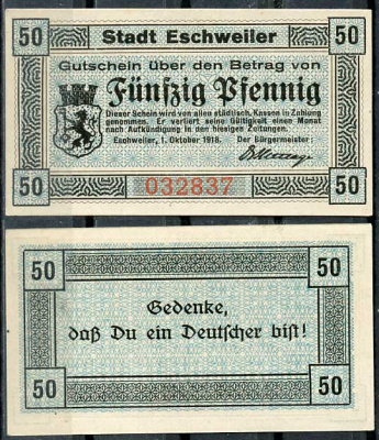Германия, Эшвайлер 50 пфеннигов 1918 нотгельд, 1.10.1918 бумага UNC (пресс) 8614-45-3-1