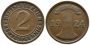 ГЕРМАНИЯ 2 РЕНТЕНПФЕННИГА 1924 J KM 31, J.307 бронза 93-626