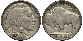 США 5 ЦЕНТОВ 1937 ИНДЕЕЦ, БИЗОН KM 134 медно-никель 27-713