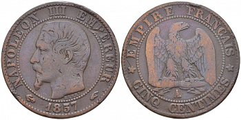 ФРАНЦИЯ 5 САНТИМОВ 1857 A, НАПОЛЕОН III (1852-1870) KM 777.1, LE FRANC 116.37 бронза 4448-116