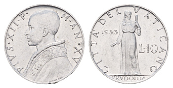 Ватикан 10 лир 1953 Пий XII KM 52 алюминий UNC 87-1242