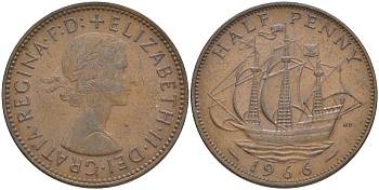 Великобритания 1/2 пенни 1966 Елизавета II (1952-2022) KM 896, Spink 4158 бронза 4561-536