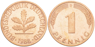 ФРГ 1 ПФЕННИГ 1988 D KM 105, J.380 сталь плакированная медью 3718-234