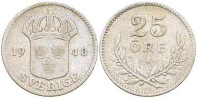 Швеция 25 эре 1918 W, Густав V (1907-1950), маленькая 8 KM 785 серебро 3309-911