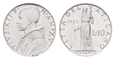 Ватикан 10 лир 1953 Пий XII KM 52 алюминий UNC 87-1242