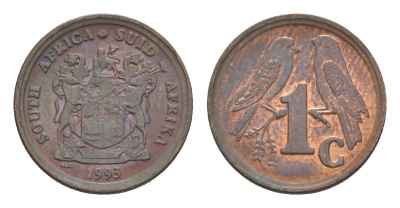 ЮАР 1 цент 1993 герб, капские воробьи KM 132 сталь плакированная медью UNC 4608-965
