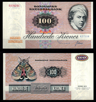 Дания 100 крон 1978 Йенс Юэль. Красная бабочка Pick 51 e бумага 451-1230-1