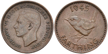 Великобритания 1 фартинг 1945 Георг VI (1936-1952) KM 843, Spink 4116 бронза 4115-656