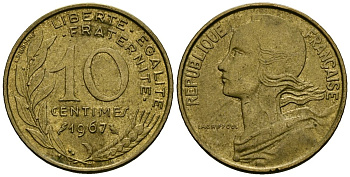 Франция 10 сантимов 1967 тип Marianne KM 929 алюминиевая бронза 4136-412