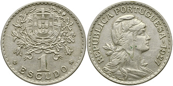 ПОРТУГАЛИЯ 1 ЭСКУДО 1927 KM 578 медно-никель 79-1414