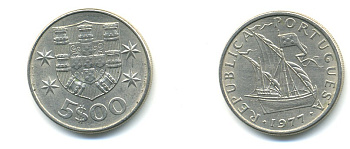 ПОРТУГАЛИЯ 5 ЭСКУДО 1977 ПАРУСНИК KM 591 медно-никель 176-312