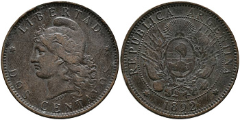Аргентина 2 сентаво 1892 голова свободы влево KM 8 бронза 4531-1115