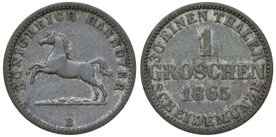 Брауншвейг-Каленберг-Ганновер 1 грош 1865 B, Георг V (1851-1866) KM 236, Jaeger 93, AKS 149 серебро 71-365