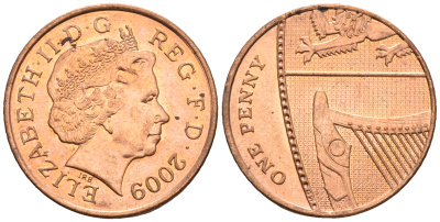 Великобритания 1 пенни 2009 Елизавета II (1952-2022) KM 1107, Spink B6 сталь плакированная медью 4609-662
