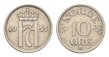 Норвегия 10 эре 1955 Хокон VII (1905-1957) KM 396 медно-никель 4705-838