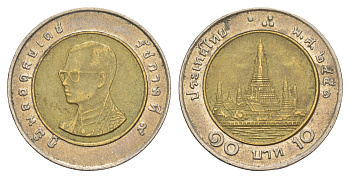 Таиланд 10 бат 2008 BE 2551, Рама IX (1946-2016) Y 227 биметалл 4163-1146