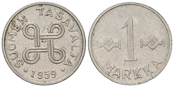 Финляндия 1 марка 1959 KM 36a железо плакированная никелем 218-834