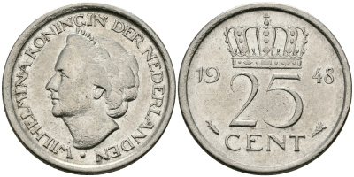 НИДЕРЛАНДЫ 25 ЦЕНТОВ 1948 ВИЛЬГЕЛЬМИНА KM 178 никель 176-849