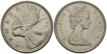 Канада 25 центов 1971 Елизавета II (1952-2022), олень KM 62 b никель 4167-1145