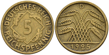 Германия 5 рейхспфеннигов 1925 D KM 39, J. 316 алюминиевая бронза 4151-725