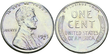 США 1 цент 1943 S (Сан-Франциско), Авраам Линкольн KM 132 a сталь плакированная цинком 96-1219