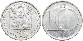 ЧЕХОСЛОВАКИЯ 10 ГЕЛЛЕРОВ 1974 СОЦИАЛИСТИЧЕСКАЯ РЕСПУБЛИКА KM 80 алюминий 112-548