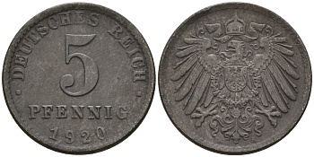 Германия 5 пфеннигов 1920 A KM 19, J. 297 железо 4151-628