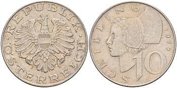 Австрия 10 шиллингов 1975 KM 2918 никель плакированный медно-никелем 4116-1014