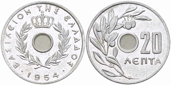 Греция 20 лепта 1954 Павел I (1947-1964), оливковая ветвь KM 79 алюминий 108-1222