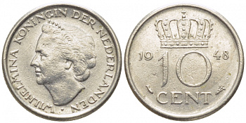 Нидерланды 10 центов 1948 Вильгельмина (1895-1948) KM 177 никель 112-252
