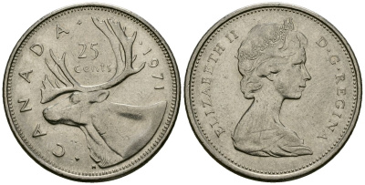 Канада 25 центов 1971 Елизавета II (1952-2022), олень KM 62 b никель 4167-1145