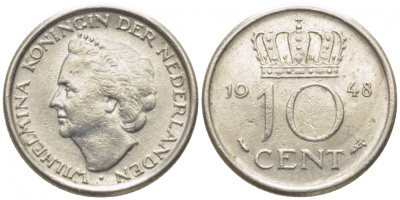 Нидерланды 10 центов 1948 Вильгельмина (1895-1948) KM 177 никель 112-252