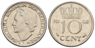 Нидерланды 10 центов 1948 Вильгельмина (1895-1948) KM 177 никель 220-534