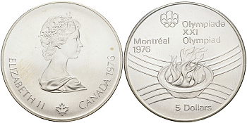 Канада 5 долларов 1976 XXI летние Олимпийские игры в Монреале 1976 года, Олимпийский огонь KM 110 серебро UNC 02-078-35