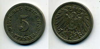 ГЕРМАНИЯ 5 ПФЕННИГОВ 1900 A, KM 11, J. 12 медно-никель 58-1217