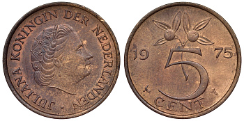 Нидерланды 5 центов 1975 Юлиана (1949-1980) KM 181 бронза 71-124
