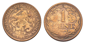 Нидерланды 1 цент 1917 Вильгельмина (1890-1948) KM 152 бронза 75-433