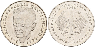 ФРГ 2 марки 1989 J , Курт Шумахер, 30 лет Федеративной Республике (1949-1979) KM 149, J. 424 медно-никель плакированный никелем 4168-443