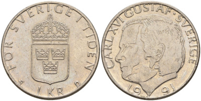 Швеция 1 крона 1991 D, Карл XVI Густав (1973- ) KM 852a медно-никель 4150-414