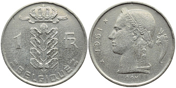 БЕЛЬГИЯ 1 ФРАНК 1951 BELGIQUE KM 142.1 медно-никель 4390-622