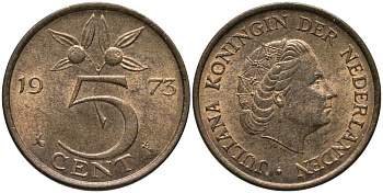 НИДЕРЛАНДЫ 5 ЦЕНТОВ 1973 ЮЛИАНА KM 181 бронза 113-656