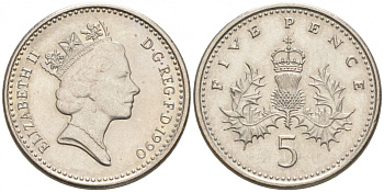 Великобритания 5 пенсов 1990 Елизавета II (1952-2022) KM 937b, Spink 4372 (D4) медно-никель 4549-418