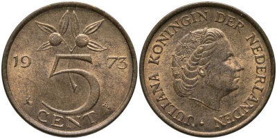 НИДЕРЛАНДЫ 5 ЦЕНТОВ 1973 ЮЛИАНА KM 181 бронза 113-656